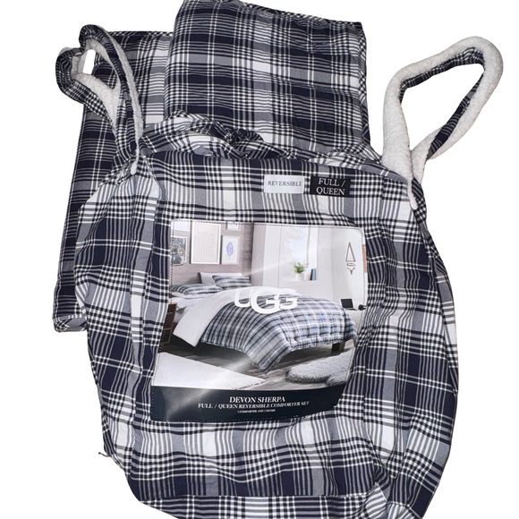 UGG Reversible Plaid Sherpa Pillow Shams Set Navy White Full Queen Bedding - Picture 2 of 4